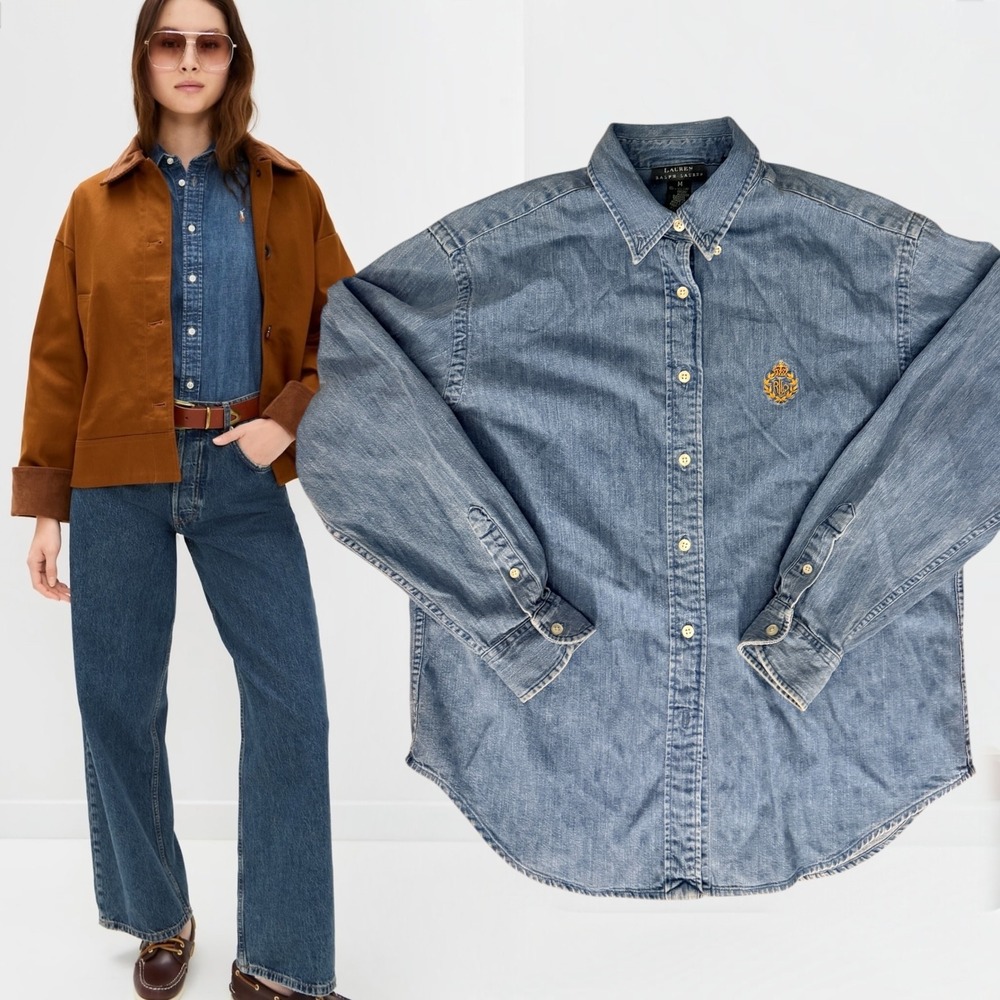 Lauren Ralph Lauren Denim Shirt Crown Crest Logo Blue Medium